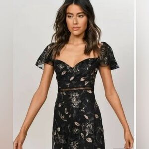 Tobi Embroidered Floral Black Mini Dress with Gold Thread